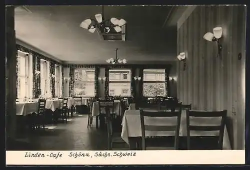 AK Schöna /Sächs. Schweiz, Speisesaal des Linden-Cafés