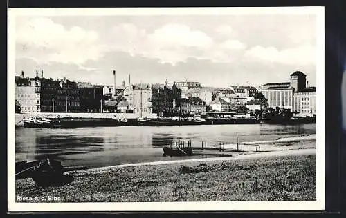 AK Riesa a. d. Elbe, Uferpartie mit Blick auf die Ortschaft