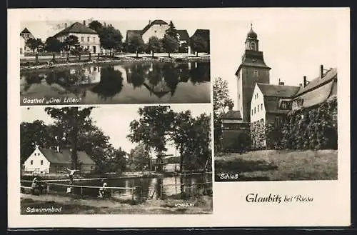 AK Glaubitz, Schloss, Gasthof Drei Lilien und Schwimmbad