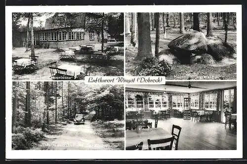 AK Wingst /Dobrock, Gasthaus Zur Königstanne mit Terrasse und Veranda, Hünengrab im Wald
