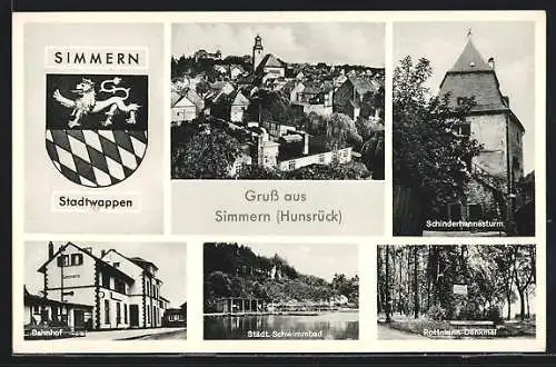 AK Simmern / Hunsrück, Schinderhannesturm, Bahnhof, Rottmann-Denkmal, Städtisches Schwimmbad, Wappen