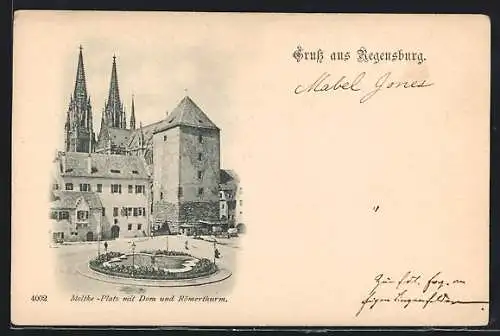 AK Regensburg, Moltke-Platz mit Dom und Römerturm