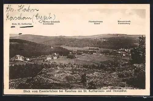 AK Raschau / Erzg., Blick vom Emmlerfelsen ins St. Katharinen - & Oswaldtal mit Marmorwerk Fürstenberg & St. Katharina