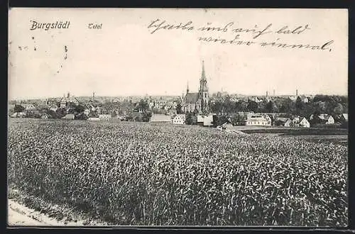 AK Burgstädt / Sa., Totalansicht mit Kirche