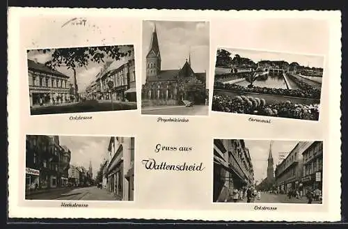 AK Wattenscheid, Hochstrasse mit Geschäften, Oststrasse mit Geschäften, Propsteikirche
