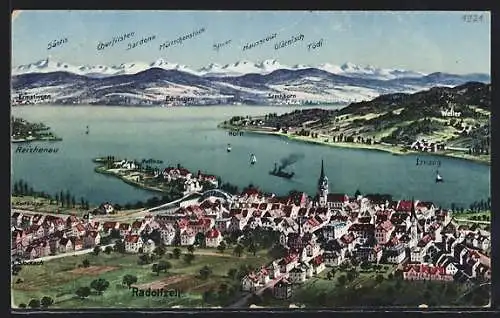 Künstler-AK Radolfzell, Teilansicht mit Ermatingen und Horn, Bergpanorama mit Speer, Glärnisch und Tödi