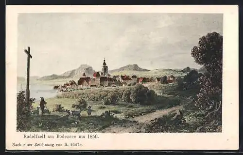 Künstler-AK Radolfzell am Bodensee, Teilansicht und Hirte mit Schafen um 1850