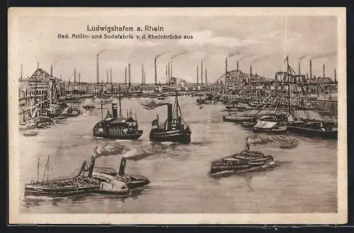 AK Ludwigshafen a. Rhein, Bad. Anilin- und Sodafabrik mit Booten v. d. Rheinbrücke aus