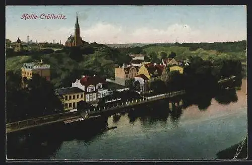 AK Halle-Cröllwitz, Uferpartie mit Kirche