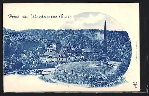 AK Mägdesprung /Harz, Ortspartie mit Denkmal