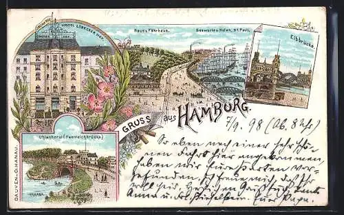 Lithographie Hamburg, Hotel Lübecker Hof, Neues Fährhaus, Seewarte u. Hafen