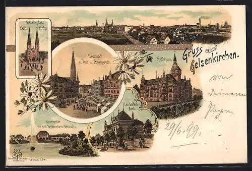 Lithographie Gelsenkirchen, Panorama der Stadt, Neumarkt, Kaisergarten mit Restauration