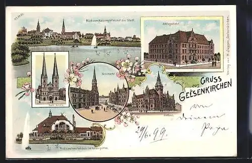 Lithographie Gelsenkirchen, Ortsansicht vom Kaisergarten aus, Neumarkt, Restaurations-Gebäude im Kaisergarten