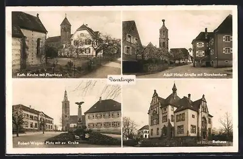 AK Denzlingen, Robert Wagner-Platz mit evang. Kirche, Rathaus, Strasse mit Storchenturm