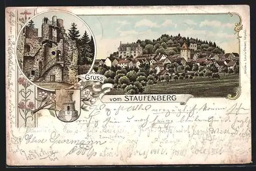 Lithographie Staufenberg / Lollar, Ort und Burgruine