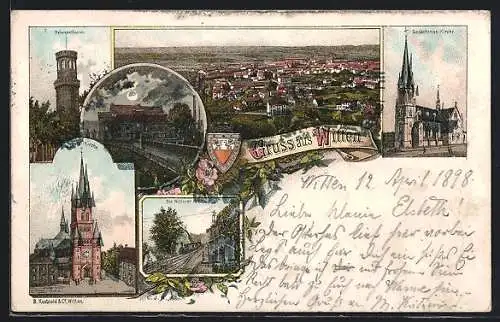 Lithographie Witten, Helenenthurm, Gedächtnis-Kirche, Haus Witten