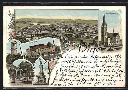 Lithographie Witten, Gedächtniskirche, Voss-Garten, Helenen-Thurm