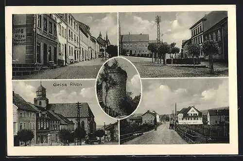 AK Geisa /Rhön, Strassenpartie mit Schuh- und Lederhandel, Turm, Platz mit Brunnen