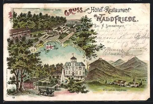 Lithographie Eberstadt-Darmstadt, Hotel-Restaurant Waldfriede, Wäldchen mit Garten, Blick nach der Bergstrasse