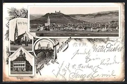 Lithographie Tuttlingen, Burg Hohnberg, Rathaus, Kathol. Kirche