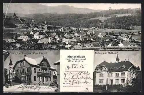 AK Altglashütten /bad. Schwarzwald, Gasthof u. Pension zum Löwen, Schul- und Rathaus