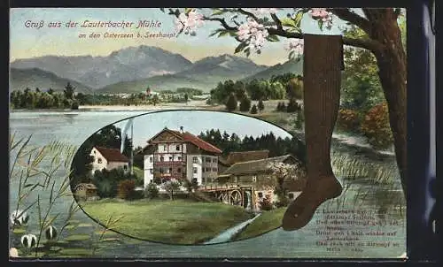 AK Seeshaupt, Gasthaus Lauterbacher Mühle an den Osterseen, Strumpf am blühendem Baum