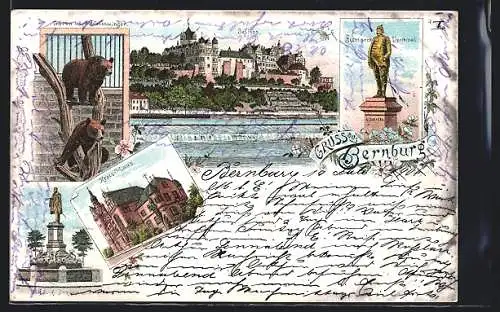 Lithographie Bernburg, Bismarck-Denkmal, Schloss, Bären im Schlosszwinger