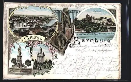 Lithographie Bernburg, Totalansicht, Schloss, Wolfgangdenkmal & Bären