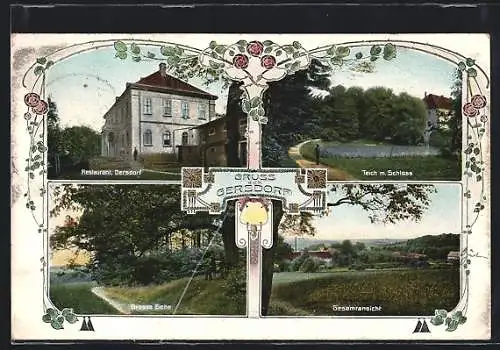 AK Gersdorf, Restaurant, Teich mit Schloss, Grosse Eiche, Gesamtansicht