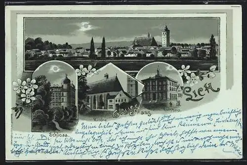 Mondschein-Lithographie Lich, Schloss, Kirche, Rathaus