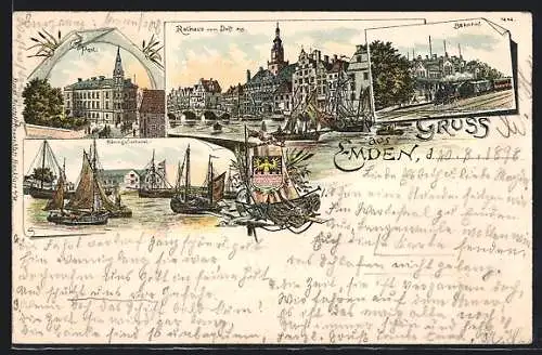 Lithographie Emden, Bahnhof, Post, Rathaus vom Delft aus, Heringsfischerei, Wappen, Eisenbahn