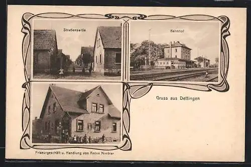 AK Dettingen / Main, Friseurgeschäft u. Handlung v. Anton Nimbler, Strassenpartie, Bahnhof