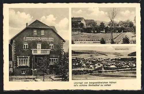 AK Ottbergen /Weserbergland, Pension Ahrens, Gartenpartie, Teilansicht mit Mineralquelle