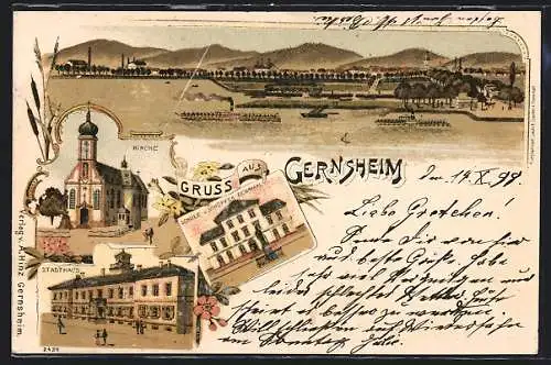 Lithographie Gernsheim, Stadthaus, Kirche, Schule und Schöffer-Denkmal