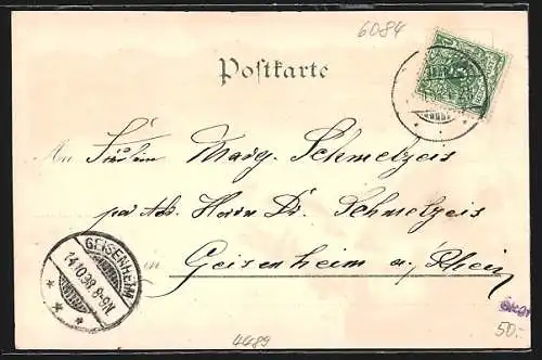 Lithographie Gernsheim, Stadthaus, Kirche, Schule und Schöffer-Denkmal