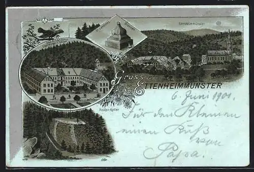 Mondschein-Lithographie Ettenheimmünster, Bad St. Landolin, Heiden-Keller, St. Landolins-Brunnen