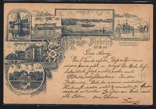 Lithographie Biebrich / Rhein, Unteroffizierschule, Schloss Biebrich, Dampfschiffstation mit Kriegerdenkmal