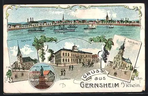 Künstler-AK Gernsheim a. Rhein, Stadthaus, Katholische Kirche, Schöffer-Denkmal