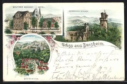 Lithographie Bensheim, Blick aufs Auerbacher Schloss und auf das Reuters Bahnhof-Hotel