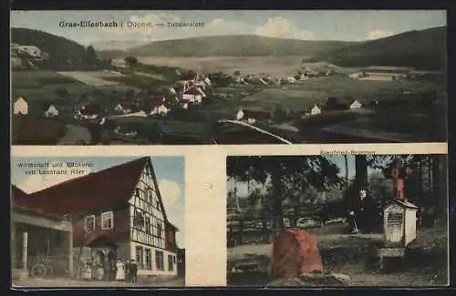 AK Grasellenbach, Gasthaus und Bäckerei von Leonhard Hörr, Siegfried-Brunnen, Totalansicht