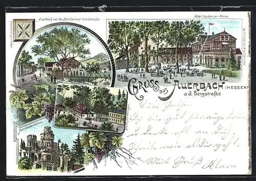 Lithographie Auerbach a. d. Bergstrasse, Hotel-Garten zur Krone, Auerbacher Schloss