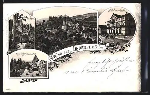 Lithographie Lindenfels i. O., Hotel & Pension Rauch, Burghof der Ruine