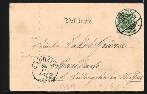 Lithographie Lindenfels i. O., Hotel & Pension Rauch, Burghof der Ruine