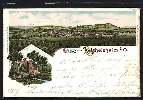 Lithographie Reichelsheim i. O., Gesamtansicht aus der Ferne, Ruine Rodenstein