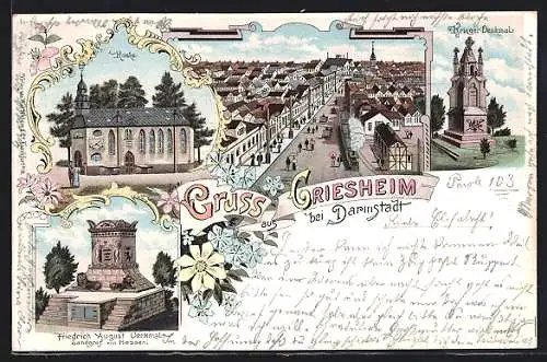 Lithographie Griesheim bei Darmstadt, Ortspartie mit Strassenbahn, Krieger-Denkmal, Kirche, Friedrich August-Denkmal
