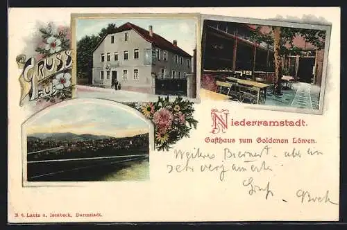 AK Nieder-Ramstadt, Gasthaus zum Goldenen Löwen, Gartenpartie, Ortsansicht