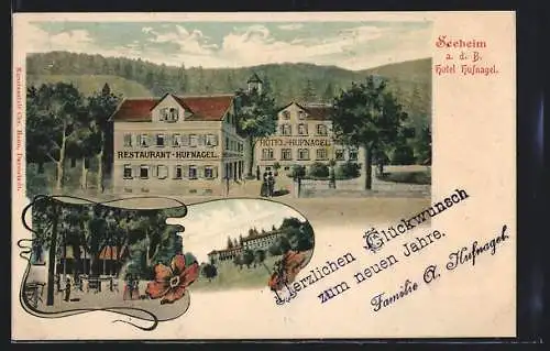 AK Seeheim a. d. B., Das Hotel Hufnagel, Neujahrskarte