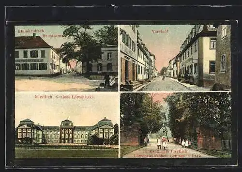 AK Kleinheubach, Teilansichten, Baustrasse, Vorstadt, Fürstl. Schloss Löwenstein, Parkeingang zum Schloss