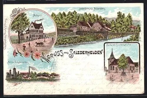 Lithographie Salzderhelden, Heldenberg mit Mühlenplatz, Kirche mit Friedenseiche, Molkerei, Saline