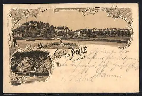 Lithographie Polle a. Weser, Flusspanorama mit Raddampfer, Häusergruppe vor einer Felswand